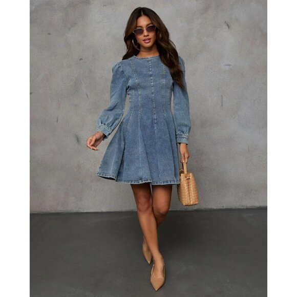 Women Denim Dress Long Sleeve Slim Fit Mini Ruffle High Waist Casual - Picture 5 of 6